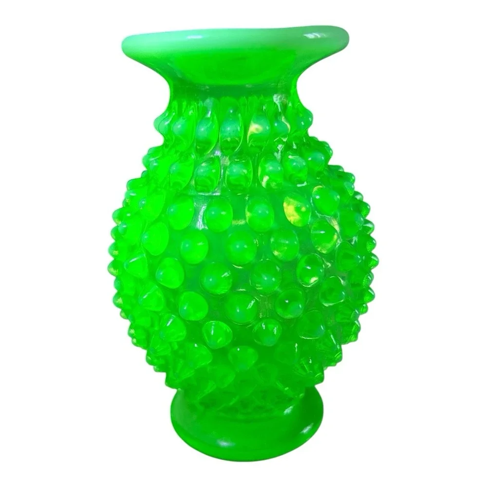 Vintage Fenton Hobnail Vaseline Uranium Glass Bud Vase Set of 3 Green Glow #07